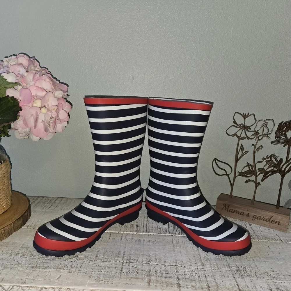 Mini Boden Striped Rain Boots with Red Accents Girlie Girlhood